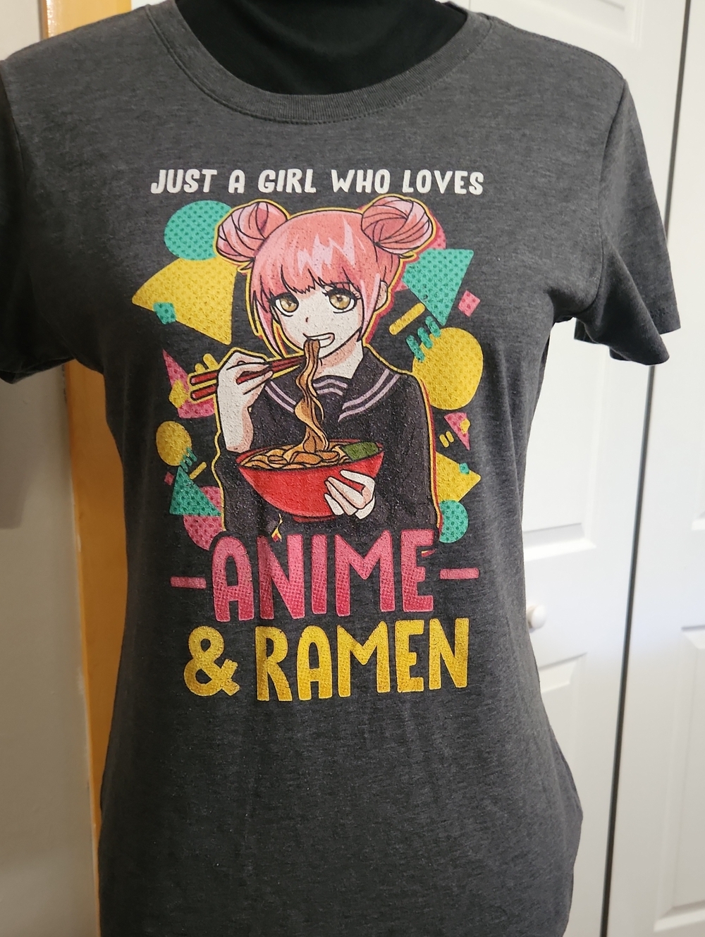 Port and Company Charcoal Anime & Ramen Graphic Tee with Pink and Yellow Accents